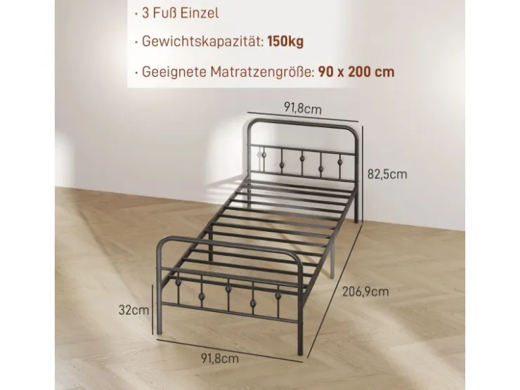 HOMCOM Bettrahmen Bettgestell Metall Schwarz 206,9L x 91,8B x 82,5H cm* Betten