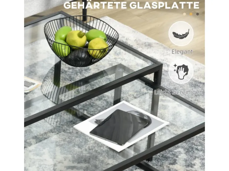 HOMCOM Couchtisch 2er-Set für Schlafzimmer Gehärtetes Glas Stahl Schwarz* Tische