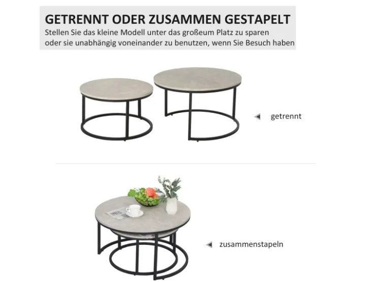 HOMCOM Couchtisch 2er-Set mit Metallgestell Stapelbar für Wohnzimmer Grau* Tische