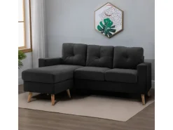 HOMCOM Ecksofa Leinen Gummiholz Schwarz 193L x 136B x 85H cm* Kissenbezüge