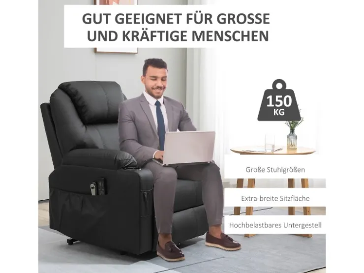 HOMCOM Elektrischer Aufstehsessel Kunstleder Stahl Schwarz 88L x 99B x 106H cm