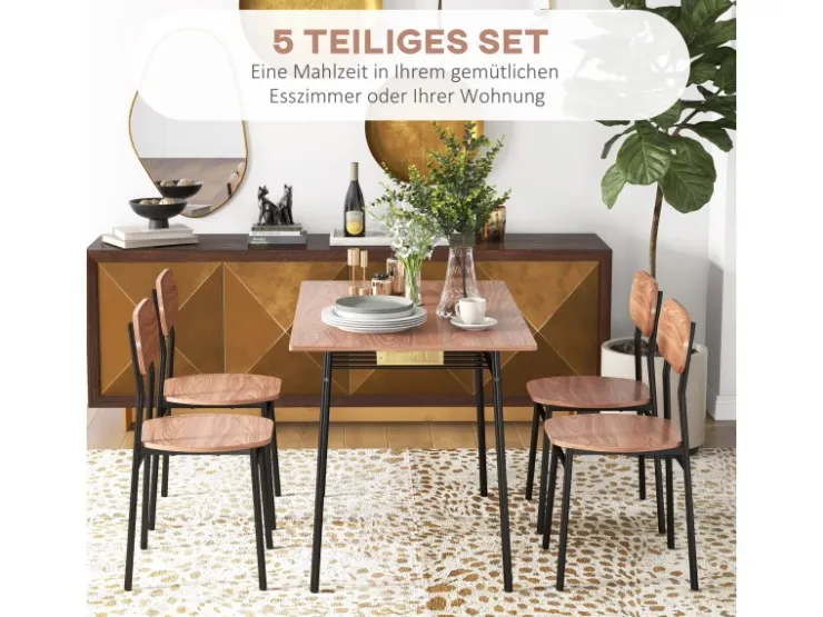 HOMCOM Essgruppe mit 4 Stühlen MDF Stahl Teak 110L x 70B x 75H cm* Tische