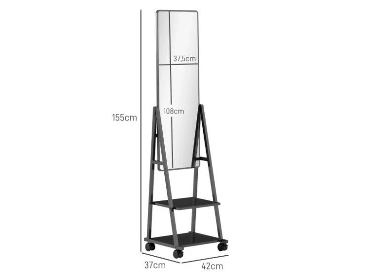 HOMCOM Ganzkörperspiegel Stahl Spanplatte Schwarz 42L x 37B x 155H cm* Regale Schwarz