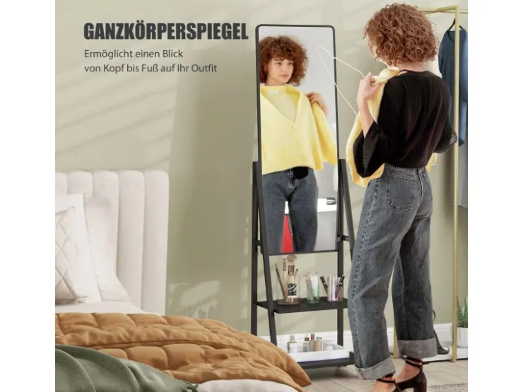 HOMCOM Ganzkörperspiegel Stahl Spanplatte Schwarz 42L x 37B x 155H cm* Regale Schwarz