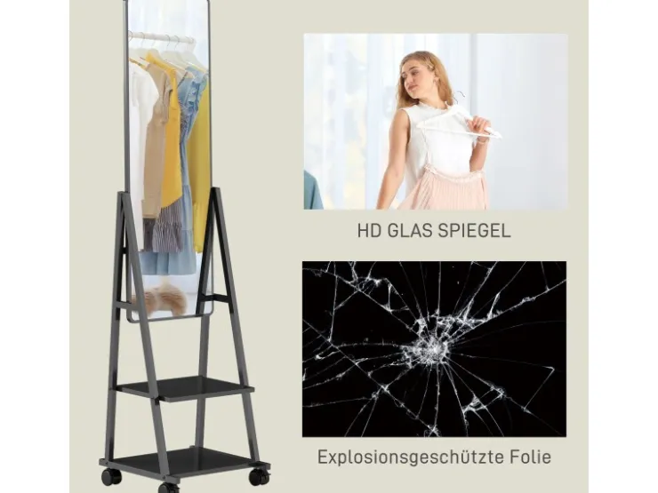 HOMCOM Ganzkörperspiegel Stahl Spanplatte Schwarz 42L x 37B x 155H cm* Regale Schwarz