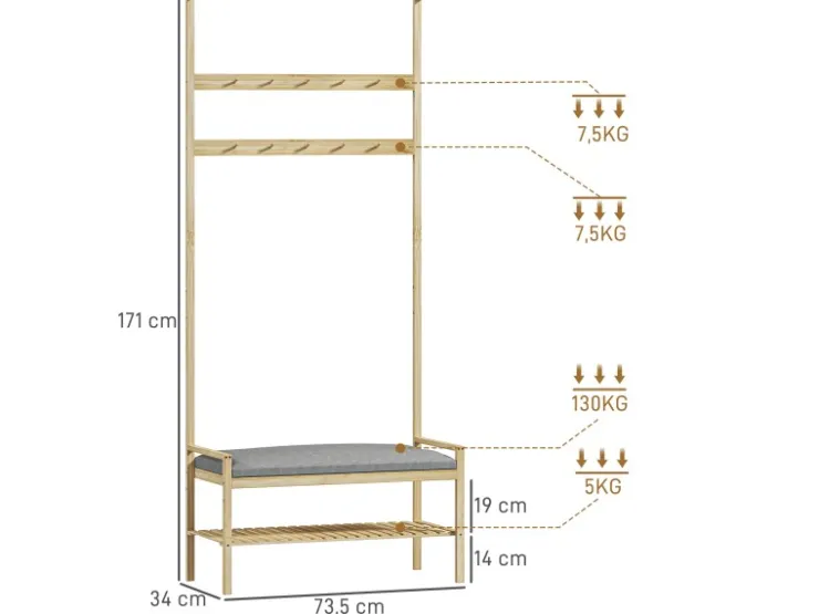 HOMCOM Garderobe mit Schuhbank Bambus Naturholz 73,5L x 34B x 171H cm