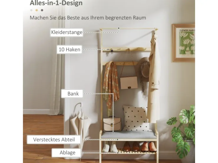 HOMCOM Garderobe mit Schuhbank Bambus Naturholz 73,5L x 34B x 171H cm