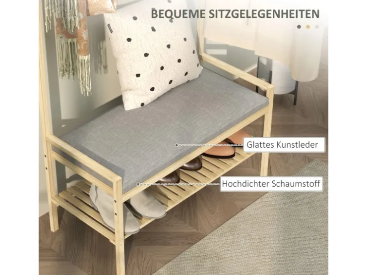 HOMCOM Garderobe mit Schuhbank Bambus Naturholz 73,5L x 34B x 171H cm