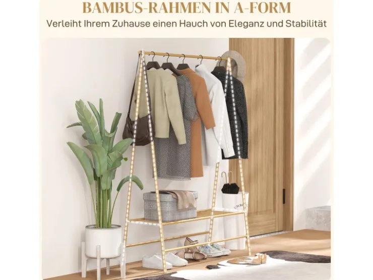 HOMCOM Garderobenständer Bambus Naturholz 116L x 43,5B x 160H cm