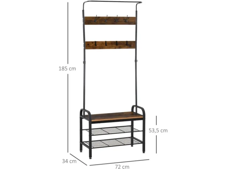 HOMCOM Garderobenständer mit 8 Haken 2 Ablagen MDF Schwarz 72 x 34 x 185 cm* Garderoben