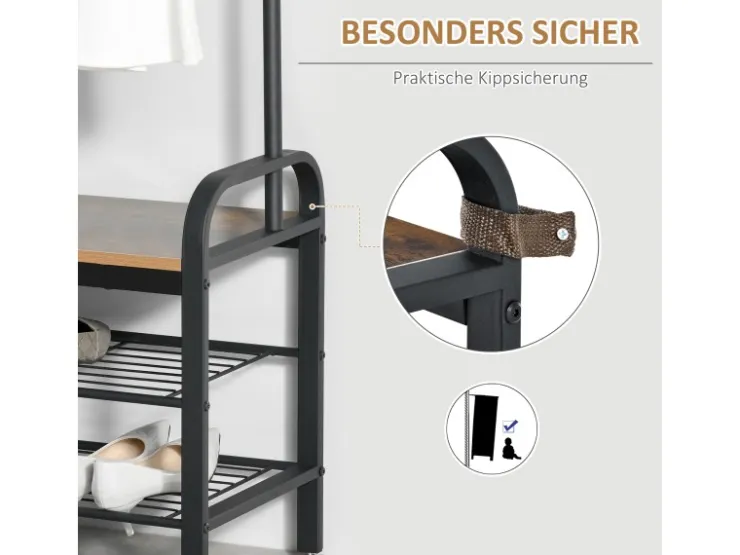 HOMCOM Garderobenständer mit 8 Haken 2 Ablagen MDF Schwarz 72 x 34 x 185 cm* Garderoben