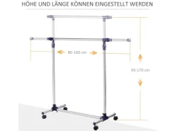 HOMCOM Garderobenständer mit Rollen Höhenverstellbar Edelstahl 86 x 45 x 95 cm* Garderoben