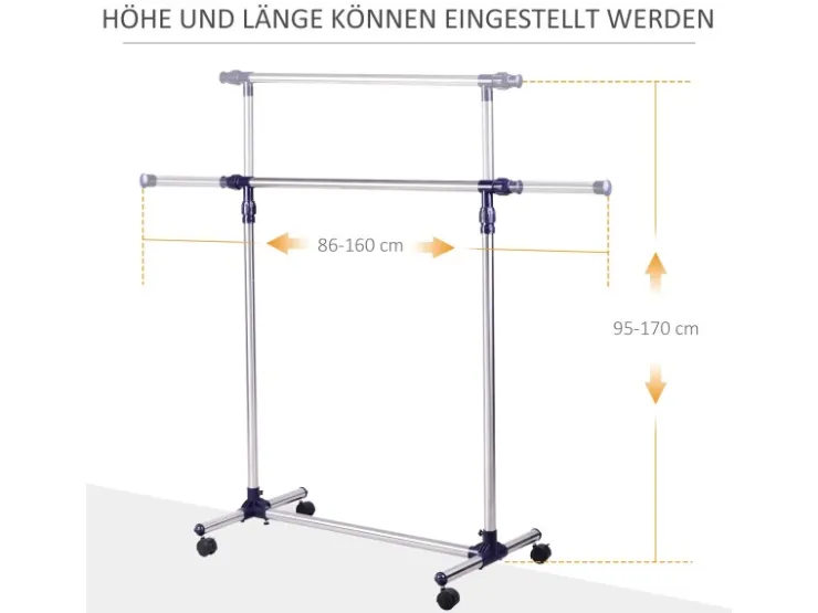 HOMCOM Garderobenständer mit Rollen Höhenverstellbar Edelstahl 86 x 45 x 95 cm* Garderoben