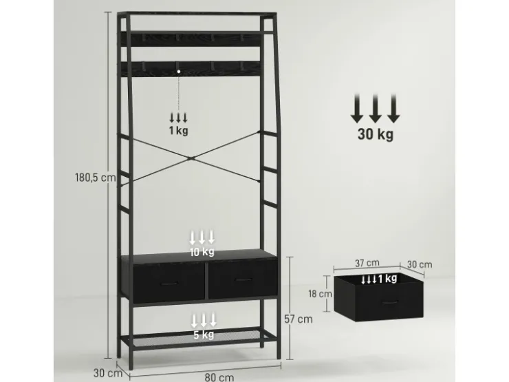 HOMCOM Garderobenständer Spanplatte Stahl 80L x 30B x 180,5H cm Schwarz* Garderoben