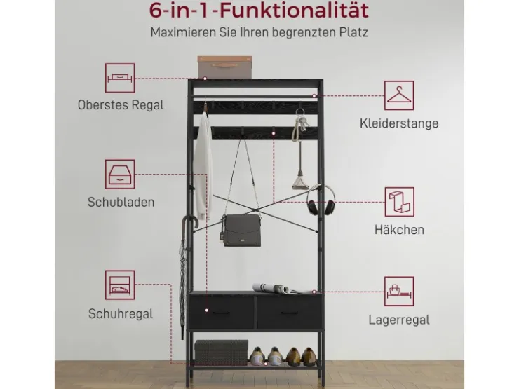 HOMCOM Garderobenständer Spanplatte Stahl 80L x 30B x 180,5H cm Schwarz* Garderoben