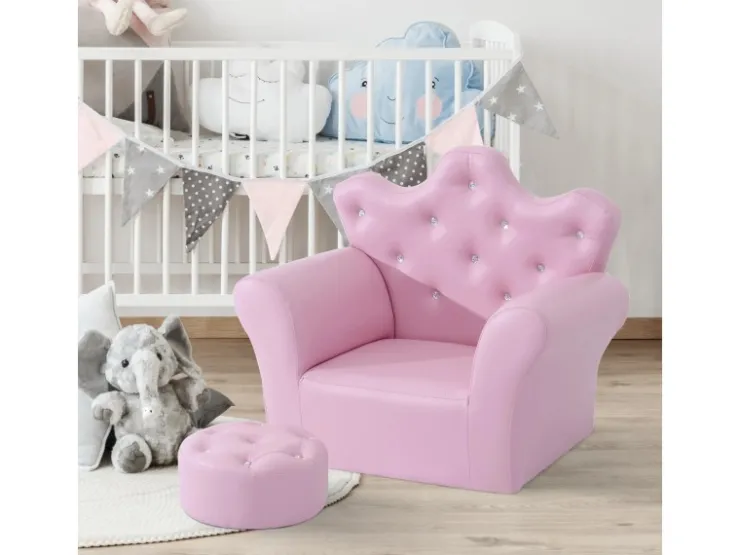 HOMCOM Kindersofa mit Ottomane in Kronenform Rosa 58 x 40,5 x 49 cm