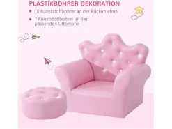 HOMCOM Kindersofa mit Ottomane in Kronenform Rosa 58 x 40,5 x 49 cm