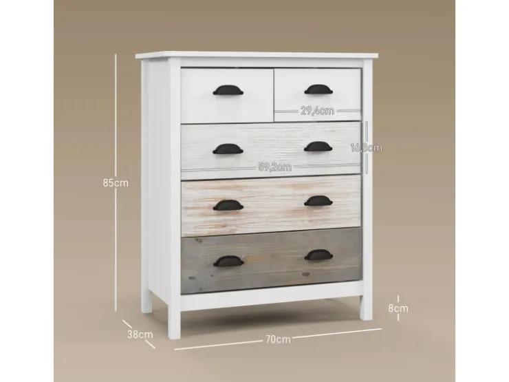 HOMCOM Kommode mit 5 Schubladen Griff Kippschutz Weiß 70 x 38 x 85 cm* Kommode