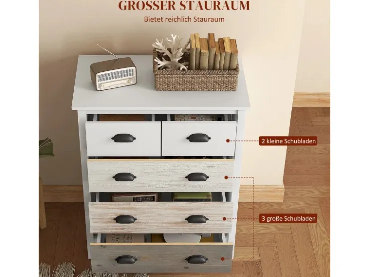 HOMCOM Kommode mit 5 Schubladen Griff Kippschutz Weiß 70 x 38 x 85 cm* Kommode