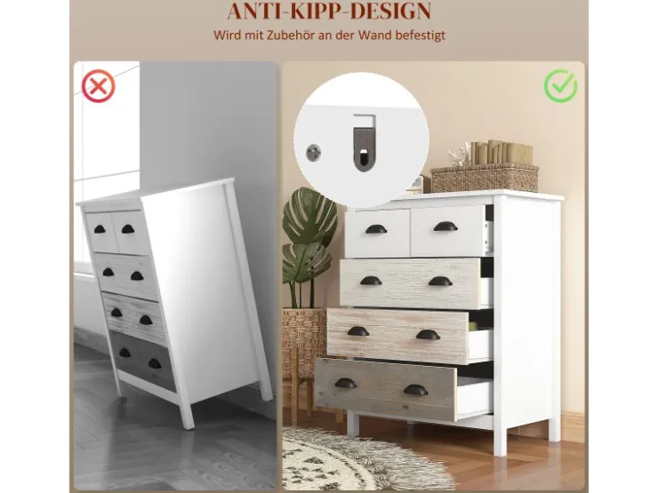 HOMCOM Kommode mit 5 Schubladen Griff Kippschutz Weiß 70 x 38 x 85 cm* Kommode