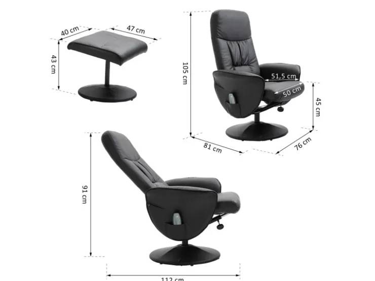 HOMCOM Massagesessel mit Fußhocker Stauraum Liegefunktion Schwarz 76 x 81 x 105 cm* Hocker