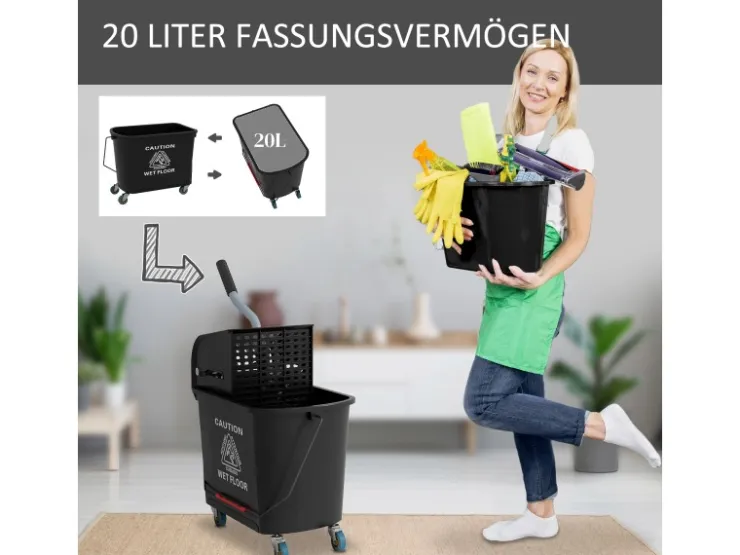 HOMCOM Putzwagen mit Wischmopp Kunststoff Schwarz 60L x 27B x 70,5H cm* Reinigung