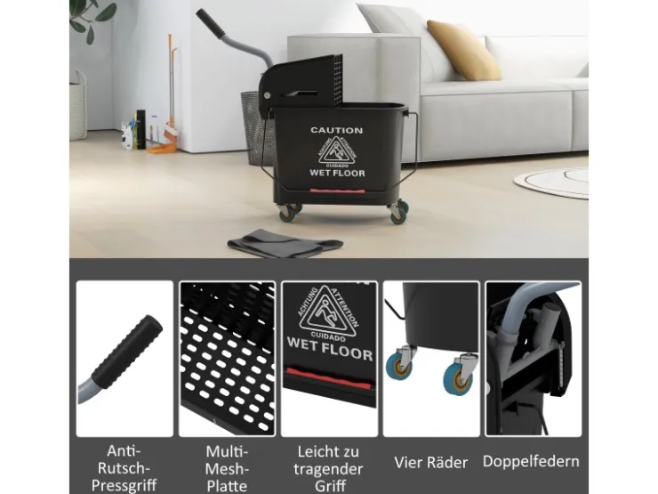 HOMCOM Putzwagen mit Wischmopp Kunststoff Schwarz 60L x 27B x 70,5H cm* Reinigung