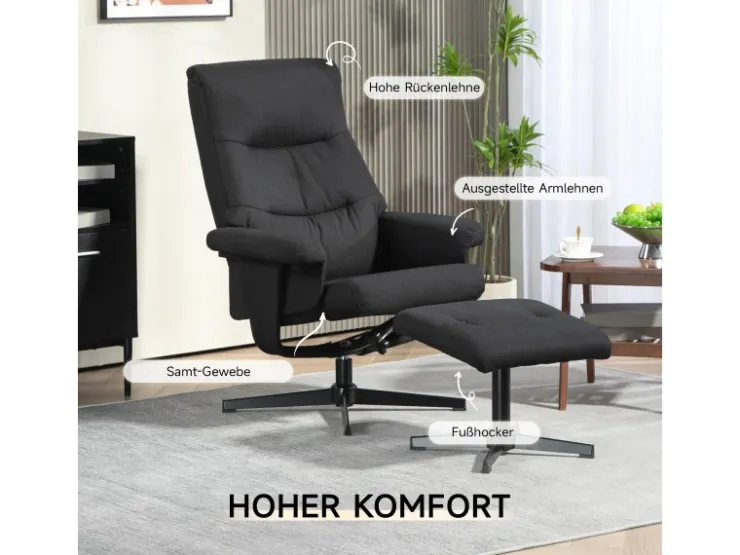 HOMCOM Relaxsessel mit Hocker Polyester Schwarz 74L x 81B x 102H cm