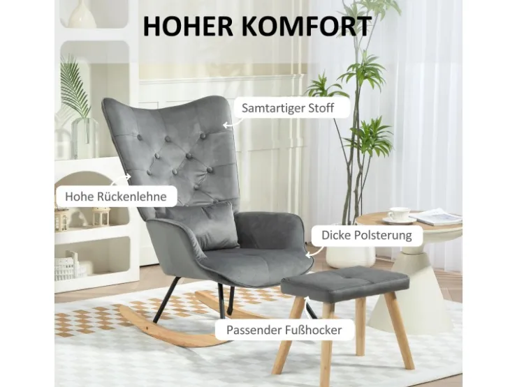 HOMCOM Schaukelsessel mit Hocker Samt Dunkelgrau 66L x 96B x 101H cm* Hocker