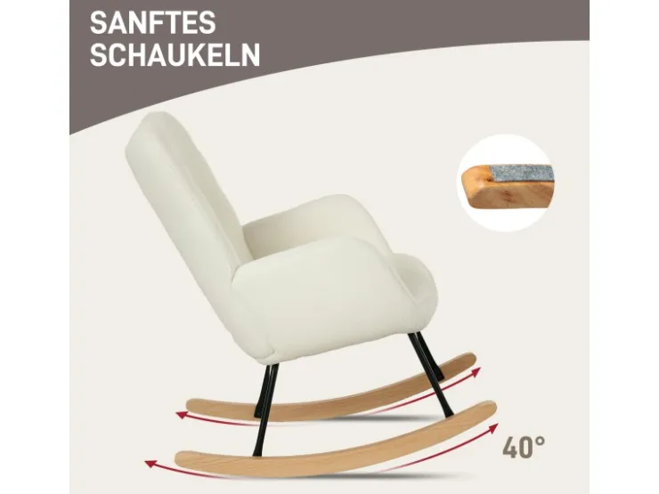 HOMCOM Schaukelstuhl Berbervlies Buchenholz Stahl Schaumstoff Weiß