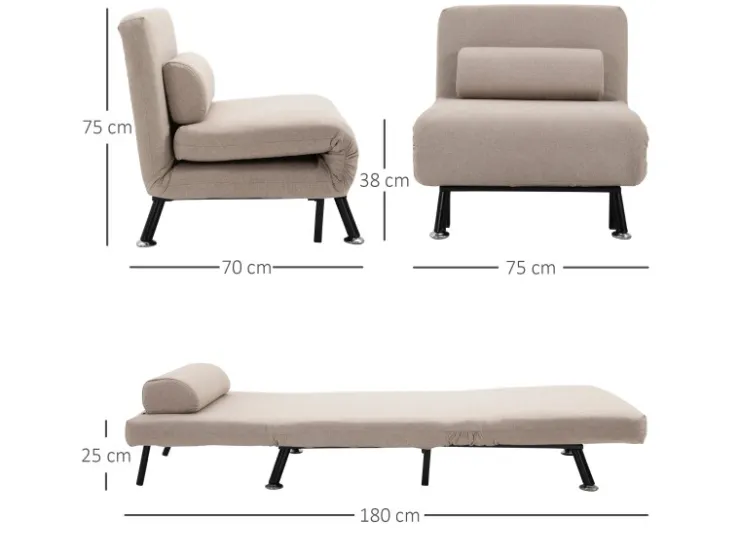 HOMCOM Schlafsessel Stahl Polyester 75L x 70B x 75H cm* Kissenbezüge