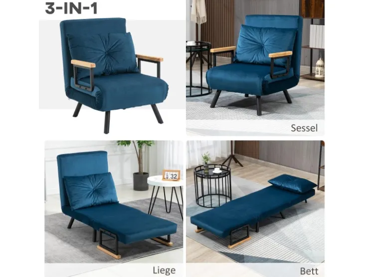 HOMCOM Schlafsofa mit Rückenkissen Stahl Polyester Blau 63L x 73B x 81H cm* Sofas