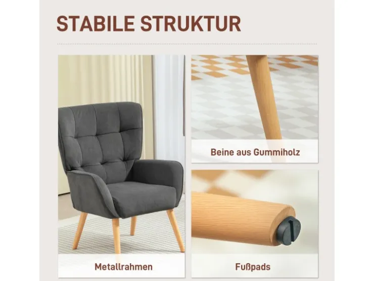 HOMCOM Sessel mit Holzbeine mit Samtoptik Samt Grau 75L x 66B x 100H cm* Sessel
