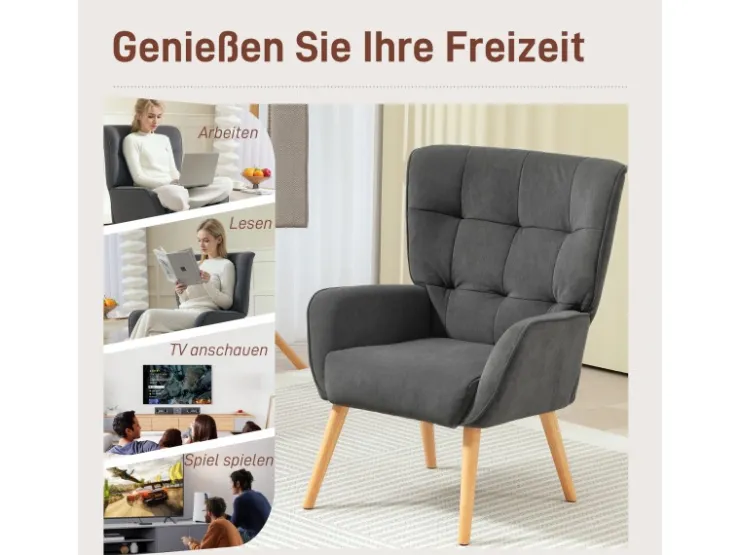 HOMCOM Sessel mit Holzbeine mit Samtoptik Samt Grau 75L x 66B x 100H cm* Sessel