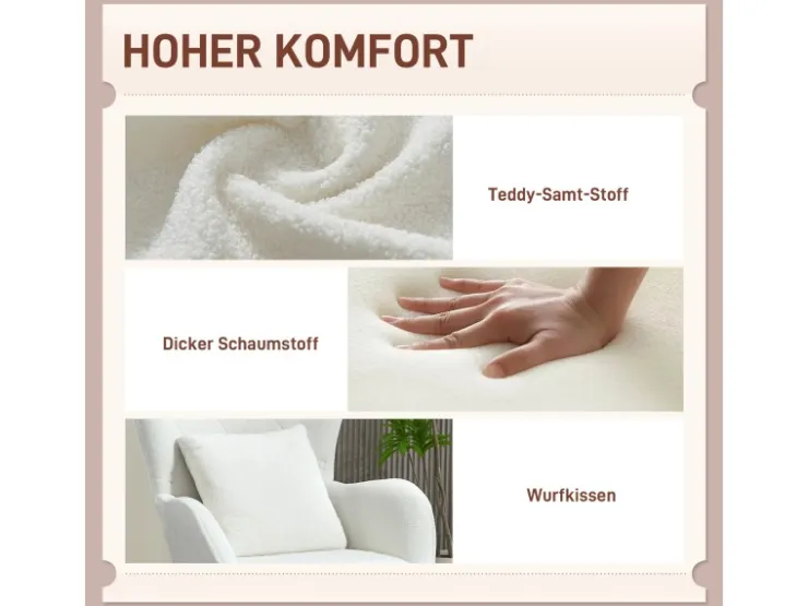 HOMCOM Sessel mit Holzbeine Polyester Weiß 88L x 75B x 106H cm* Kissenbezüge