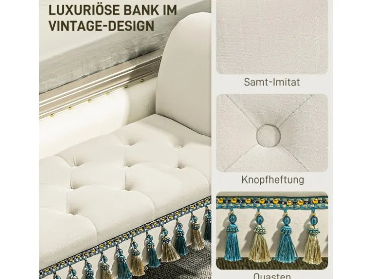 HOMCOM Sitzbank Samtoptik mit Holzbeine bis 150 kg Belastbar Beige