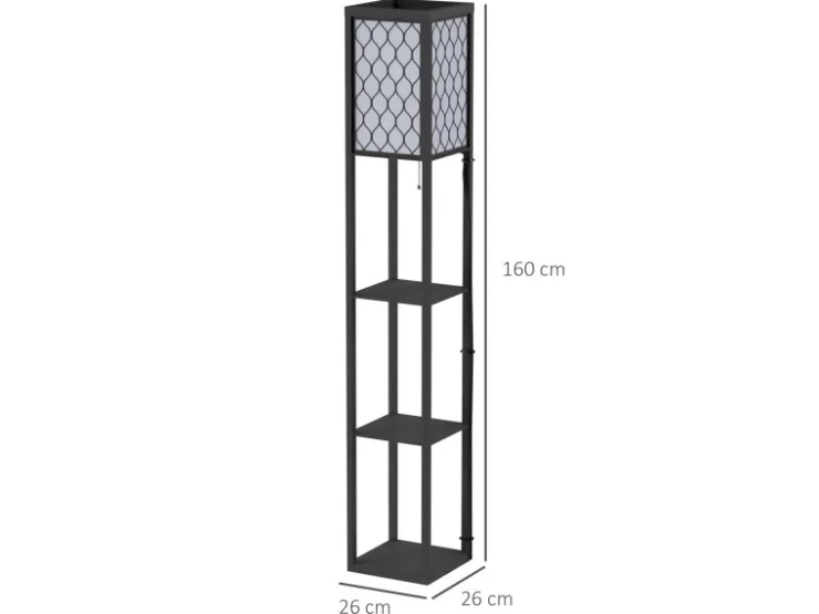 HOMCOM Stehleuchte mit Regalen E27 bis 40W Holz Schwarz 26 x 26 x 160 cm