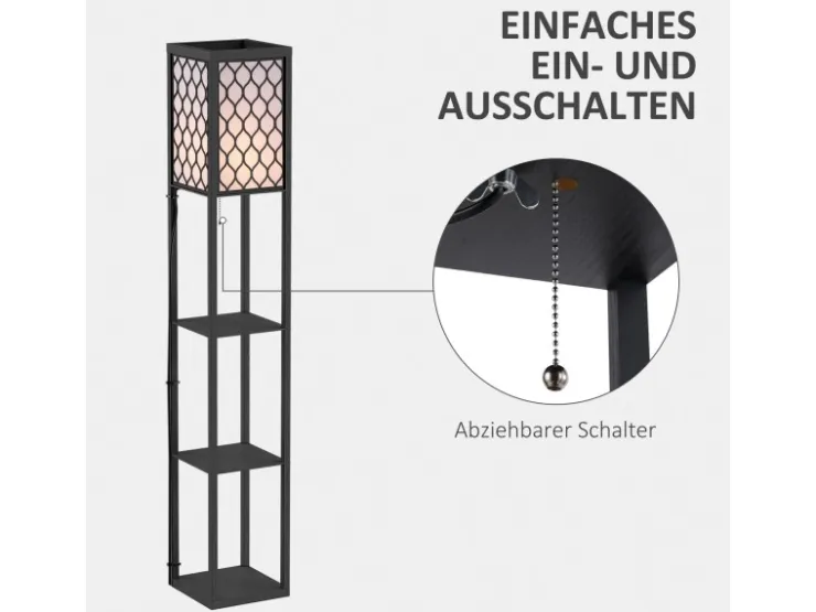HOMCOM Stehleuchte mit Regalen E27 bis 40W Holz Schwarz 26 x 26 x 160 cm