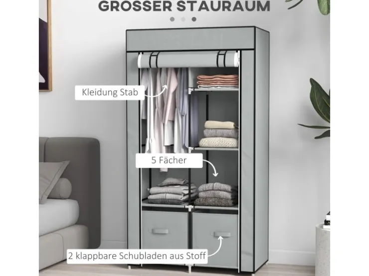 HOMCOM Stoffschrank mit 5 Fächern Reißverschluss Hellgrau 83 x 42,5 x 162,5 cm* Schränke