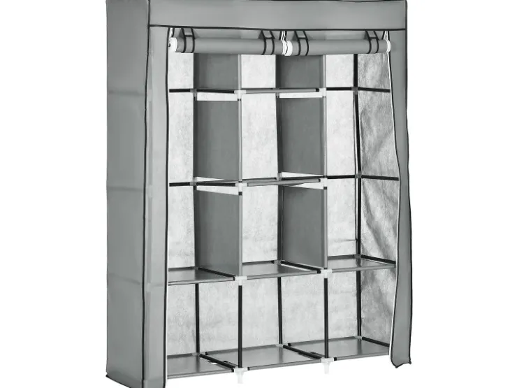 HOMCOM Stoffschrank mit Kleiderstangen 8 Ebenen Faltbar Hellgrau 125x43x162,5cm* Bettwäsche