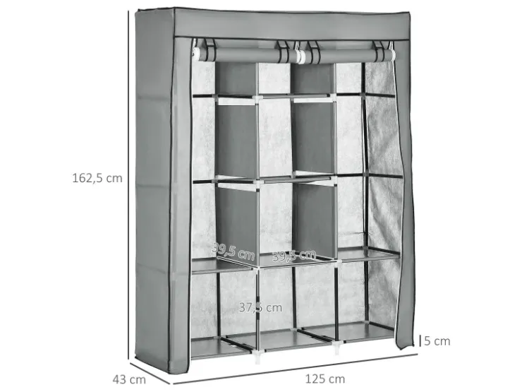 HOMCOM Stoffschrank mit Kleiderstangen 8 Ebenen Faltbar Hellgrau 125x43x162,5cm* Bettwäsche