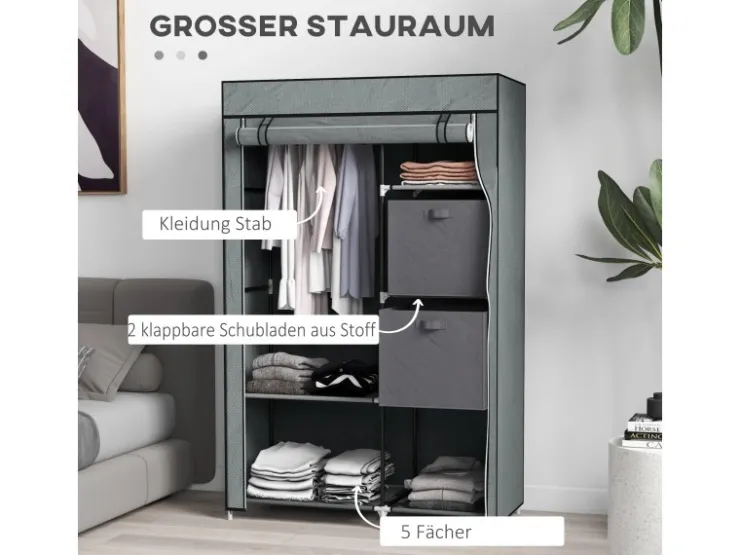 HOMCOM Stoffschrank mit Schubladen Reißverschluss Dunkelgrau 102 x 42,5 x162,5cm* Bettwäsche