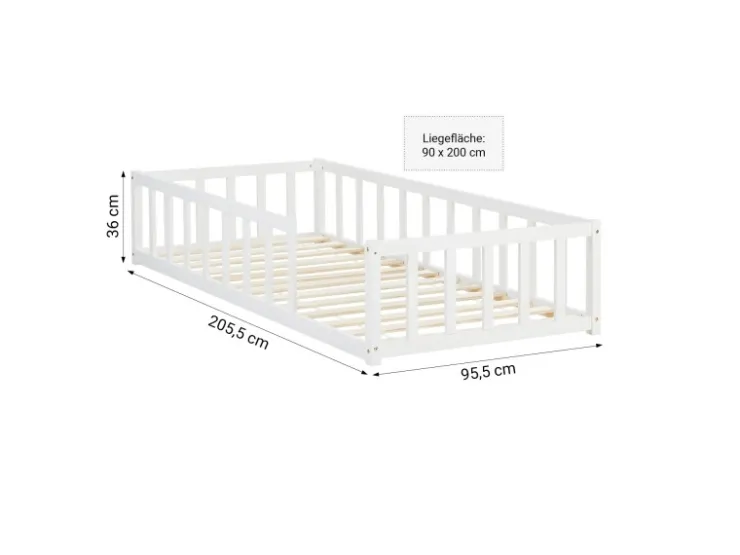 Homestyle4u Bodenbett 90x200 in Weiß mit Lattenrost 2523* Bettwäsche