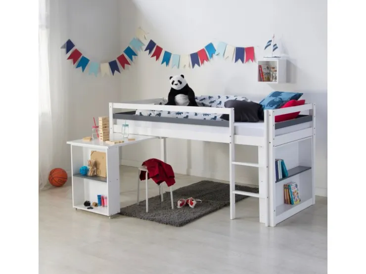 Homestyle4u Hochbett 90x200 in Weiß mit Schreibtisch 1880