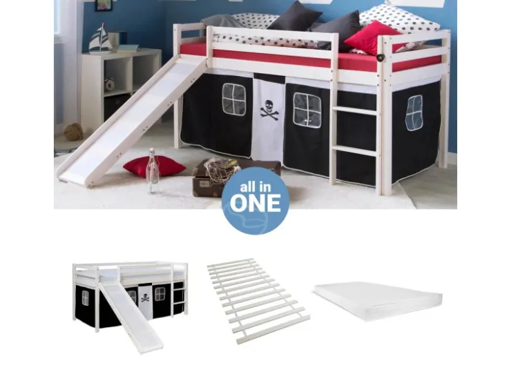 Homestyle4u Hochbett 90x200 mit Vorhang Lattenrost Matratze Rutsche in Weiß Pirat 2546* Bettwäsche