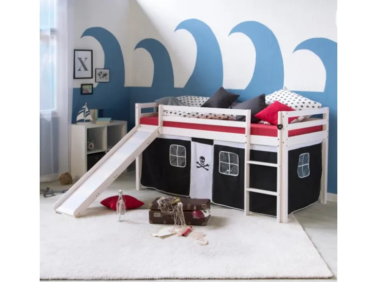 Homestyle4u Hochbett 90x200 mit Vorhang Lattenrost Matratze Rutsche in Weiß Pirat 2546* Bettwäsche