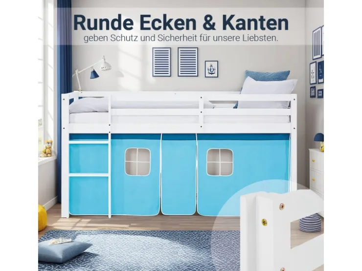 Homestyle4u Hochbett 90x200 mit Lattenrost Vorhang Kinderbett 2984* Betten
