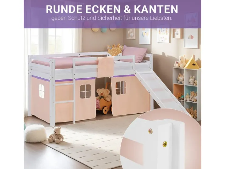 Homestyle4u Kinder Hochbett 90x200 Rutsche Lila Peach Kinderbett Weiß 2950