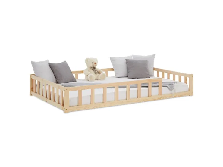 Homestyle4u Kinderbett Natur mit Rausfallschutz 120x200 cm Bodenbett Lattenrost 2839* Betten