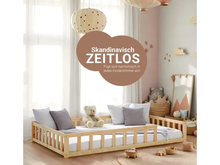 Homestyle4u Kinderbett Natur mit Rausfallschutz 120x200 cm Bodenbett Lattenrost 2839* Betten